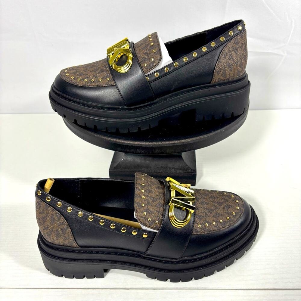 NWOB Michael Kors Black and Brown Loafers with Gold Accents Size 5
